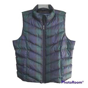 Lands' End Down Puffer Vest Tartan Plaid Blue Green Full Zip Size XL 18